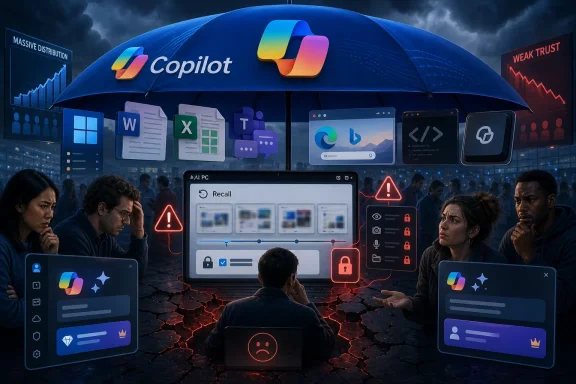 People under an ominous storm view “Copilot” with data apps, warning icons, and weak-trust/secure cues.