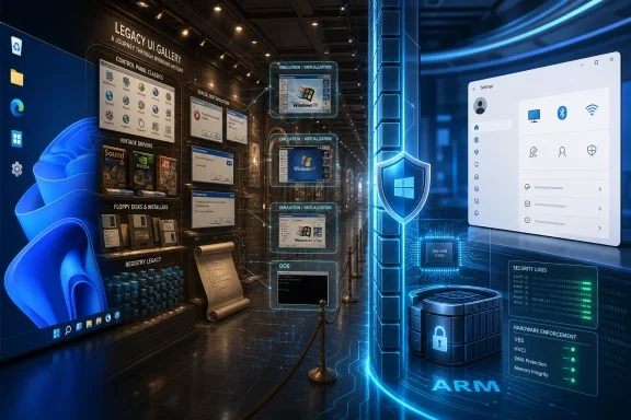 Futuristic security server room showing Windows emulation and hardware protection alongside a login dashboard.