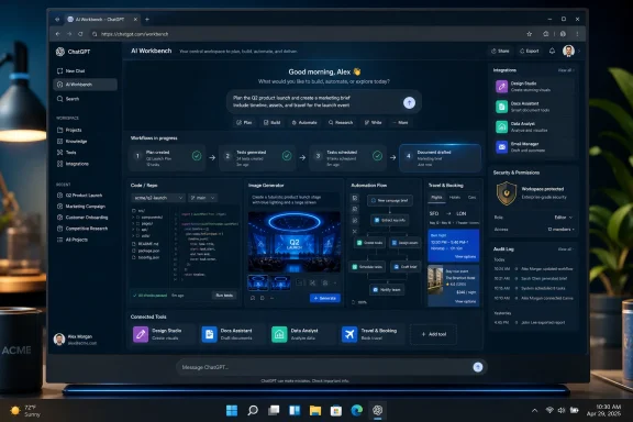 A laptop screen shows the ChatGPT AI Workbench dashboard with planning, automation, and document tools.