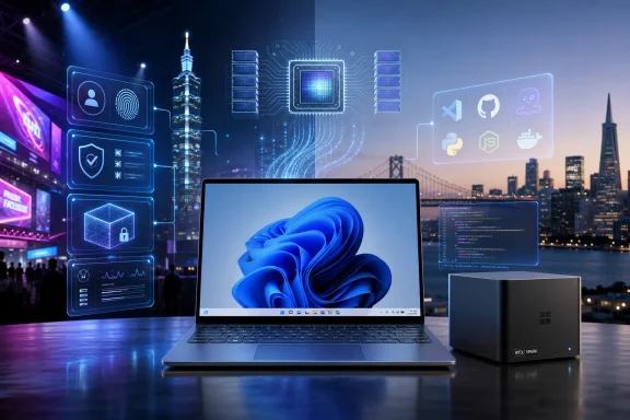 A laptop and server on a city skyline with glowing AI/cyber tech holograms and code screens.