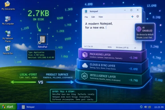 Futuristic Windows desktop shows Notepad over a layered UI with an “AI enabled” notification.