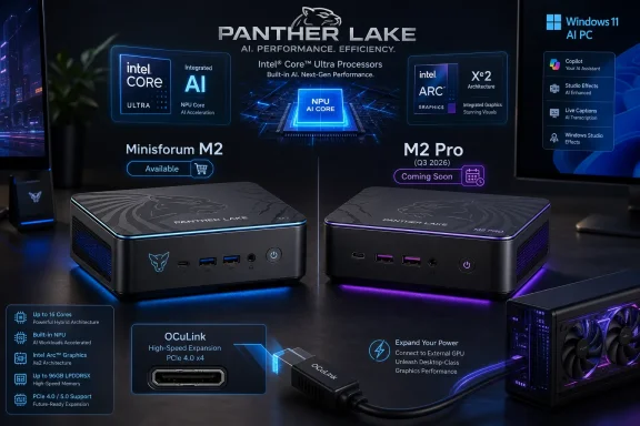 Intel “Panther Lake” AI PC demo with Miniforum M2 and M2 Pro mini computers on display.