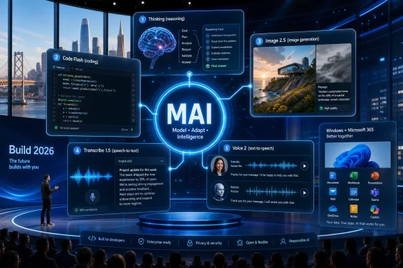 Futuristic Microsoft Build stage display showing AI “MAI” modules for coding, reasoning, image, and voice.