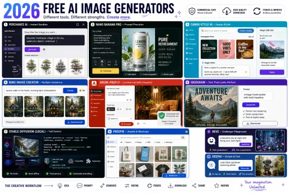 A collage advertising 2026 free AI image generators with screenshots and prompts across multiple tools.