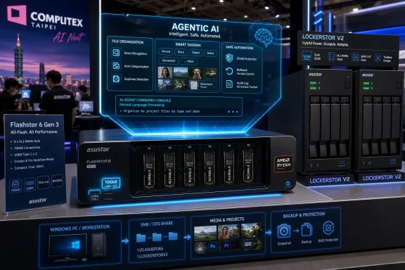 ASUSTOR’s Computex booth displays AGENTIC AI, Flashstor 6 Gen 3, and Lockerstor V2 storage systems with smart features.