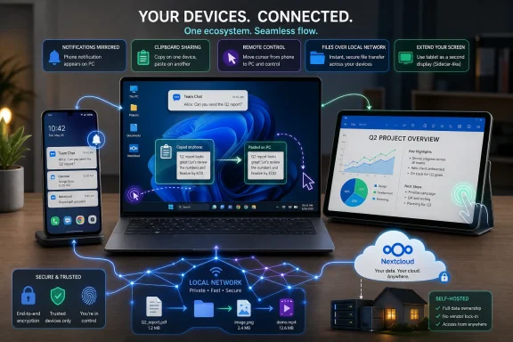 Advertisement showing Nextcloud device connectivity—phone, laptop, and tablet sharing files, notifications, and remote control.