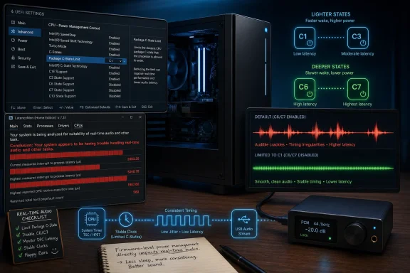 PC UEFI and audio latency tuning screens showing C-state limits for low-latency real-time audio.