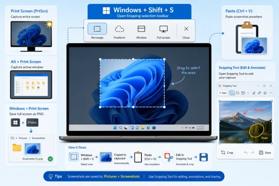 Windows Snipping Tool flow shows selecting, copying (Ctrl+V), and editing a screenshot of the desktop.