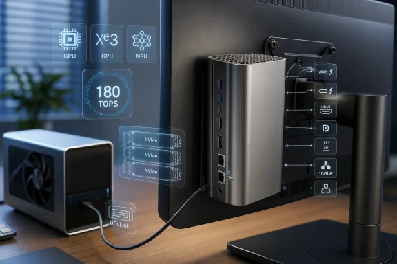 Modern AI computing device with CPU/GPU/NPU and 180 TOPS visualization and ports connectivity.