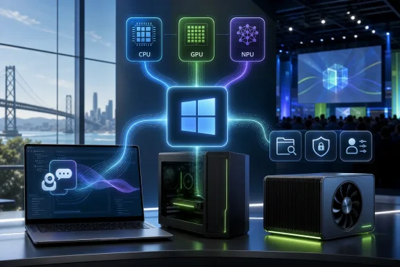 AI computing setup with CPU/GPU/NPU holograms, servers, and a laptop in a futuristic data center.