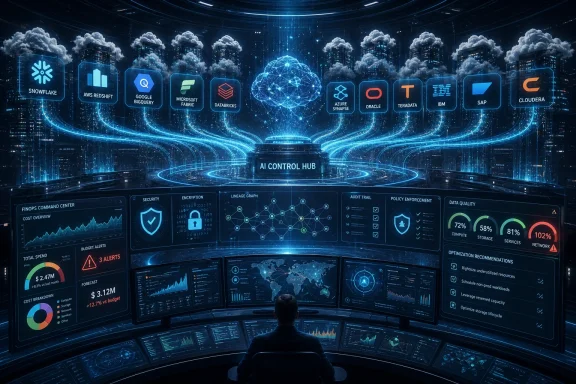 Futuristic AI control hub with cloud icons, data dashboards, and network lines in a neon city server room.