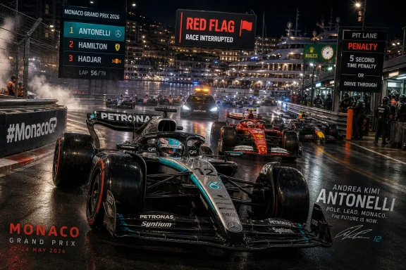 F1 cars queue in Monaco pit lane as a red flag stops the race at night.
