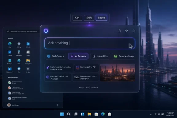 Neon-themed desktop UI shows an AI chat prompt with options like web search, upload, and generate image.