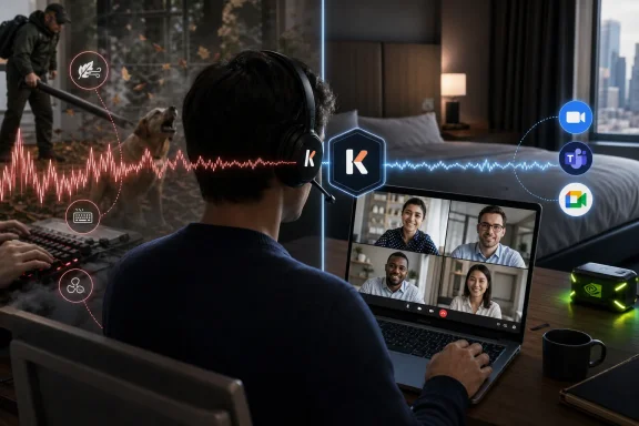 Remote video meeting: a man monitors colleagues on a laptop with headset, amid audio waveform overlays and icons.