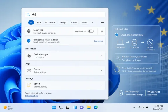 Windows 11 search results page with privacy-focused “signal flow” settings on a blue desktop background.