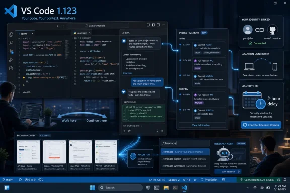 VS Code interface with AI project memory, commit timeline, and validation tools displayed over a coding screen.