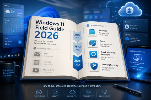 Open book titled “Windows 11 Field Guide 2026” with UI widgets, cloud icon, and security notes.