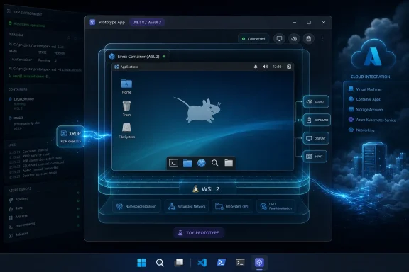 Developer dashboard showing a WSL 2 Linux container with an XRDP-enabled app and cloud integration.