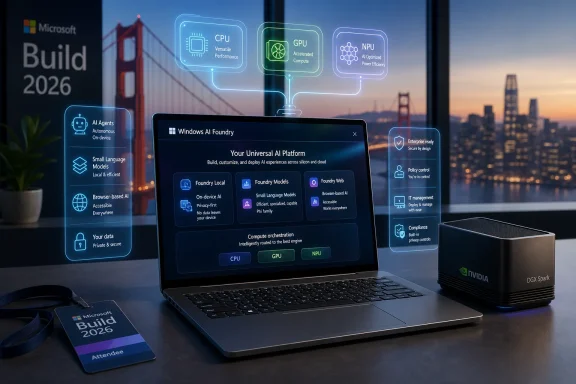 Laptop displays Microsoft “Windows AI Foundry” with CPU/GPU/NPU AI architecture overlays and an NVIDIA DGX Spark beside it. Laptop displays Microsoft “Windows AI Foundry” with CPU/GPU/NPU AI architecture overlays and an NVIDIA DGX Spark beside it.