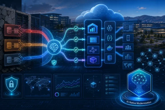 Futuristic AI data network interface overlays a city skyline with cloud, analytics, and security icons.