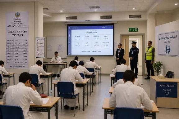 Classroom training session with students in front of a Microsoft Teams schedule displayed on a screen.