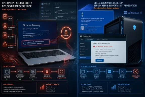 Split graphic showing BitLocker secure boot recovery failing on an HP laptop and remediation failing on a Dell/Aliensware PC.