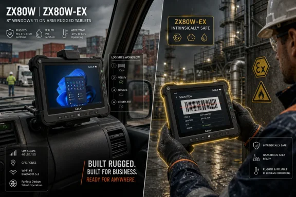 Rugged Getac tablet workflow ad shows scan-and-verify logistics on an industrial dock.