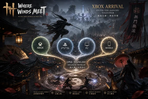 Wuxia game banner shows a warrior leaping over a misty city with “Xbox Arrival” and platform logos.