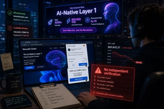 Futuristic crypto dashboard shows “AI-Native Layer 1” while a warning says “No independent verification.”