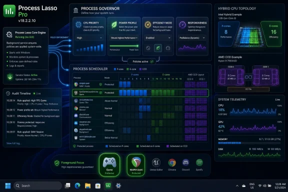 Dashboard UI showing Process Lasso Pro settings, CPU core scheduling, telemetry, and active policies.