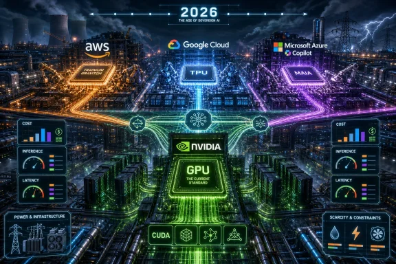 Futuristic data center with NVIDIA GPU at center and cloud logos (AWS, Google, Azure) under “2026” banner.