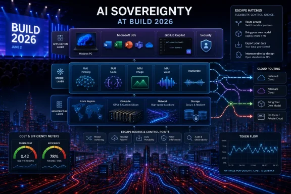 AI Sovereignty at Build 2026: cloud routing and model layer control with security, metrics, and token flow.