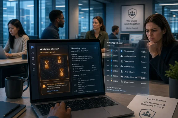 Office meeting with a laptop displaying workplace check-in and presence timeline data screens.