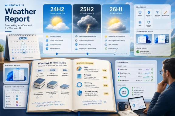 Windows 11 Weather Report poster showing upcoming builds and health check details. Windows 11 Weather Report poster showing upcoming builds and health check details.