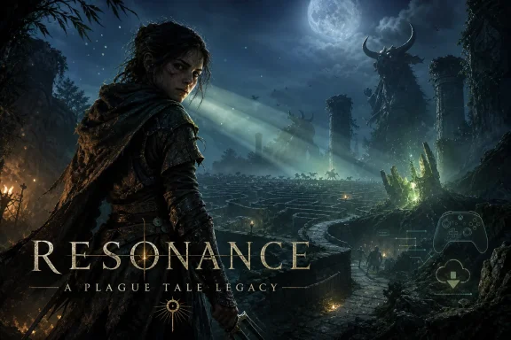 Moody fantasy poster: a lone warrior stands in ruins under a full moon, facing shadowy monsters.