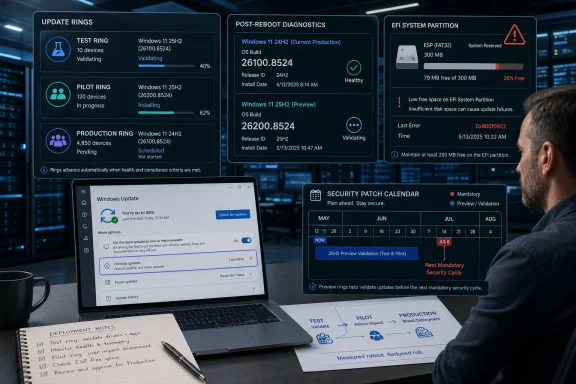 Dashboard shows Windows update rings, post-reboot diagnostics, and EFI space warning in a server room.