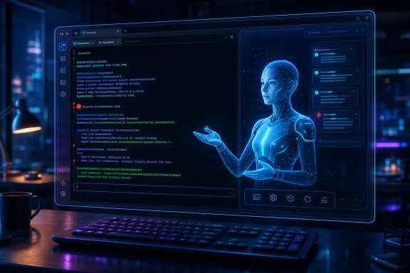 Futuristic laptop screen shows code and a glowing AI hologram in a neon-lit workspace. Futuristic laptop screen shows code and a glowing AI hologram in a neon-lit workspace.