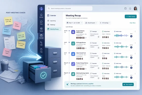 Digital dashboard shows a meeting recap with transcripts, action items, audio recaps, and a synced calendar.