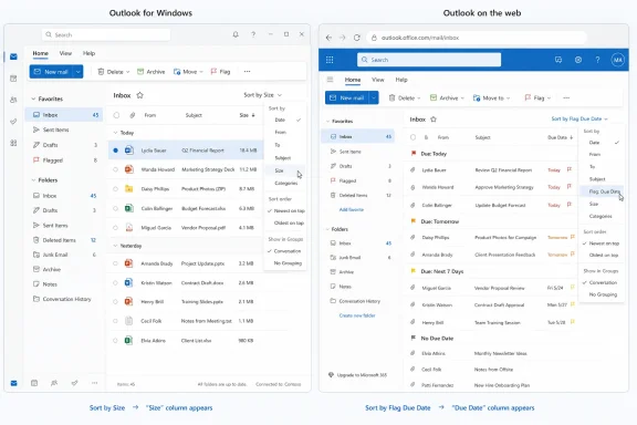 Split view of Microsoft Outlook inbox showing “Outlook for Windows” and “Outlook on the web” interfaces.