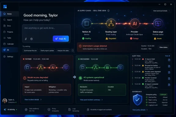 AI supply chain dashboard showing outage, routing degradation, and recovered provider status with audit trail.