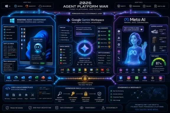 Neon “2026 Agent Platform War” infographic showing Windows, Google Gemini Workspace, and Meta AI with permission governance.