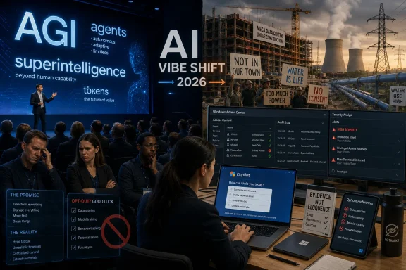 AI-themed conference scene juxtaposed with surveillance and protest banners at an industrial site.