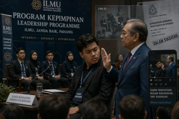 A young man speaks and raises his hand at an ILMU leadership programme, with officials and screens in the background.