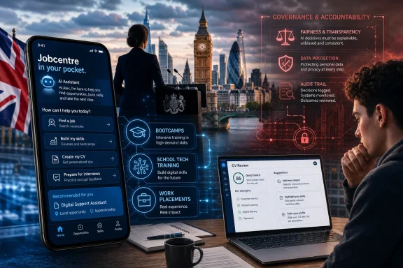 A man at a desk uses a job app and laptop with AI governance, transparency, and data protection overlays.