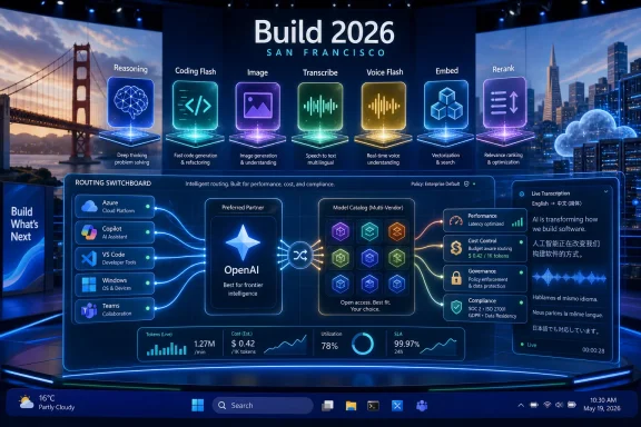 Futuristic “Build 2026 San Francisco” tech stage display with AI features and live dashboard panels.