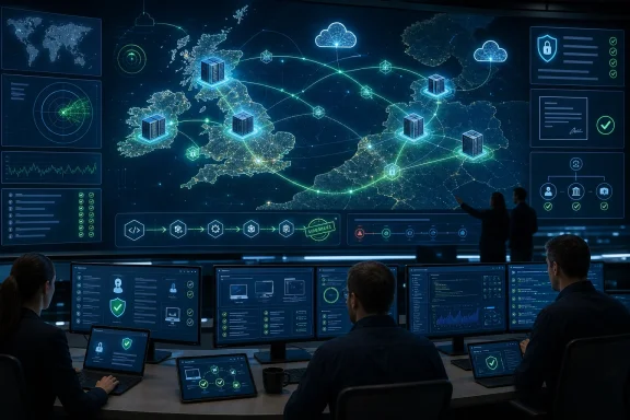 Cybersecurity control room with analysts monitoring global network and cloud servers on large screens.