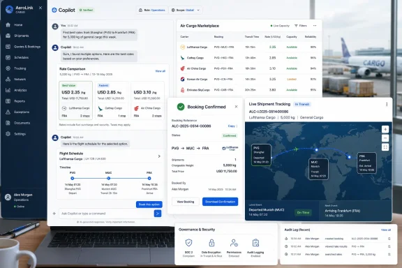 Screenshot of an air cargo booking dashboard showing rate comparison, confirmed booking, and live shipment tracking map.