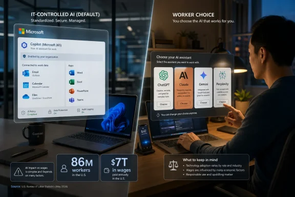 A man chooses an AI assistant on screens showing IT-controlled vs worker choice options.