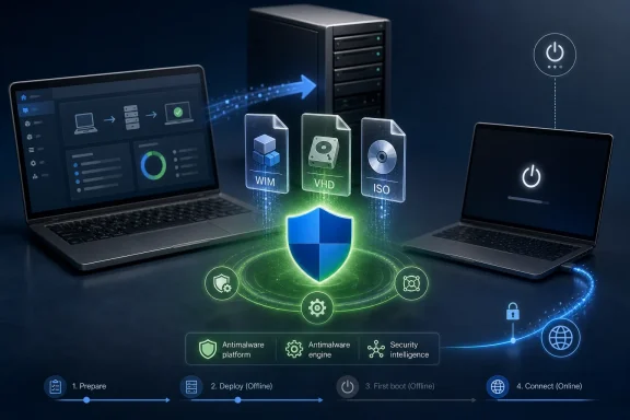 Cloud server and laptops with security shield, encryption icons, and boot/connect steps for malware protection.