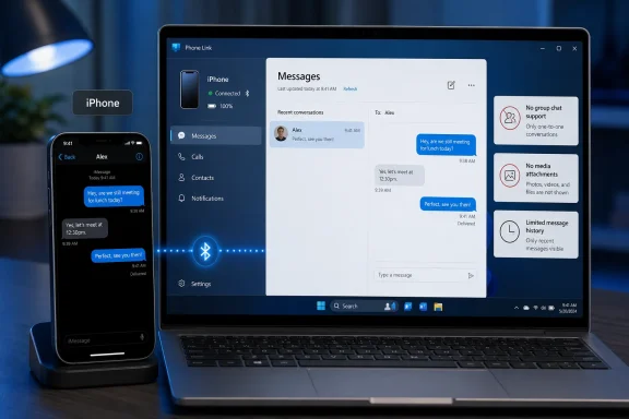 Laptop and iPhone display Phone Link messaging with iPhone-to-PC sync and chat notifications.